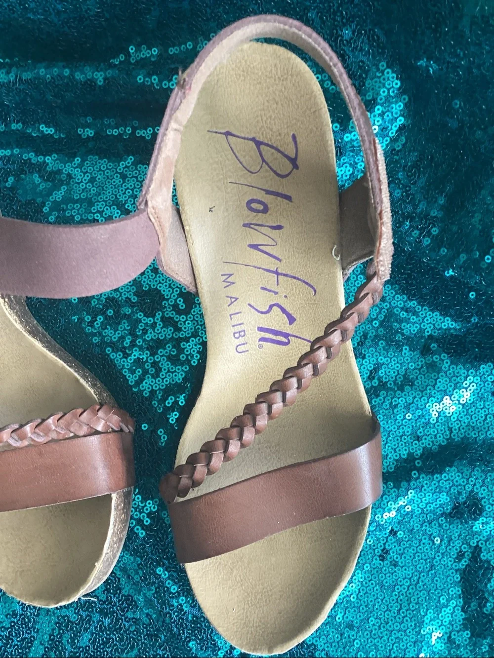Blowfish Malibu Costal Brown Braided Ankle Strap Wedge Sandals Size 8- 4” heel